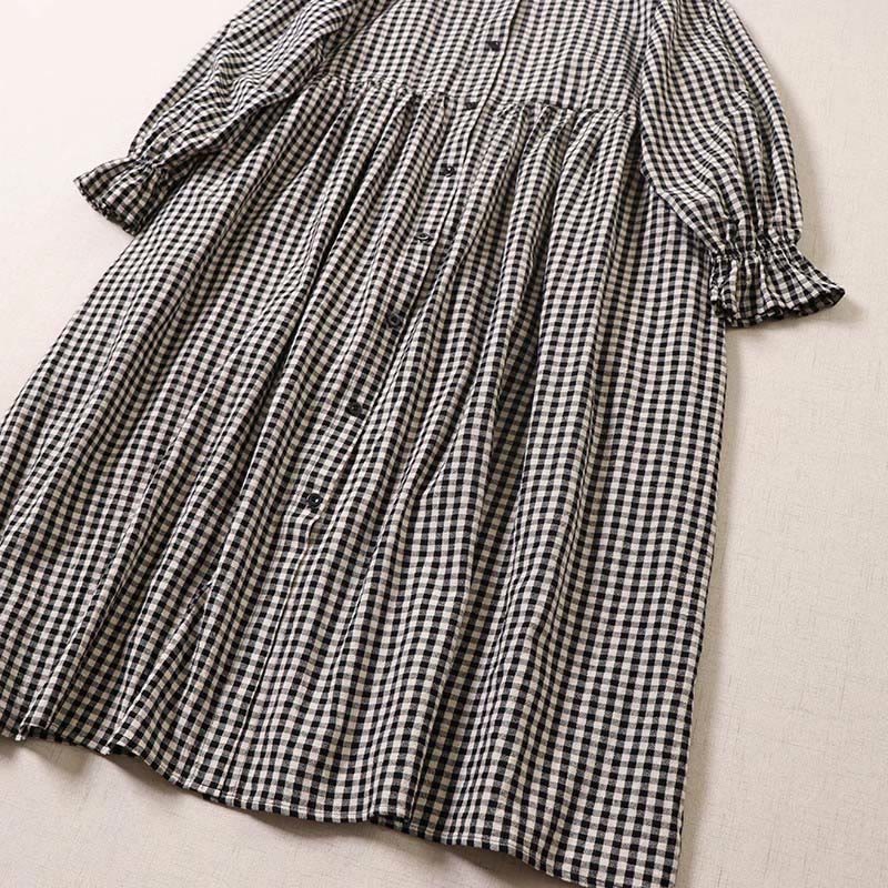 Buddha Stones Casual Plaid Simple Buttons Ruffled Design Cotton Linen Midi Dress With Pockets