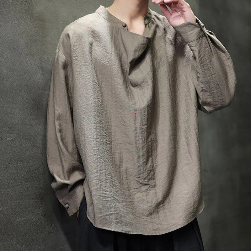 Buddha Stones Spring Solid Color Pleated Stand Collar Design Tang Suit Men's Long Sleeve Linen Shirt