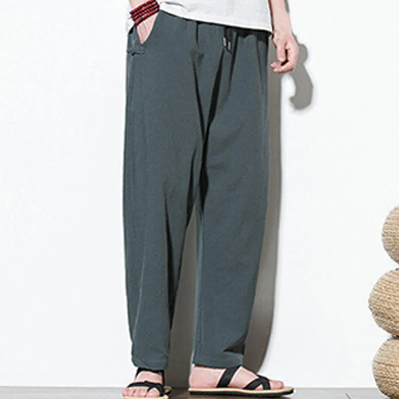 Buddha Stones Summer Side Frog-Button Design Men's Cotton Linen Pants With Pockets