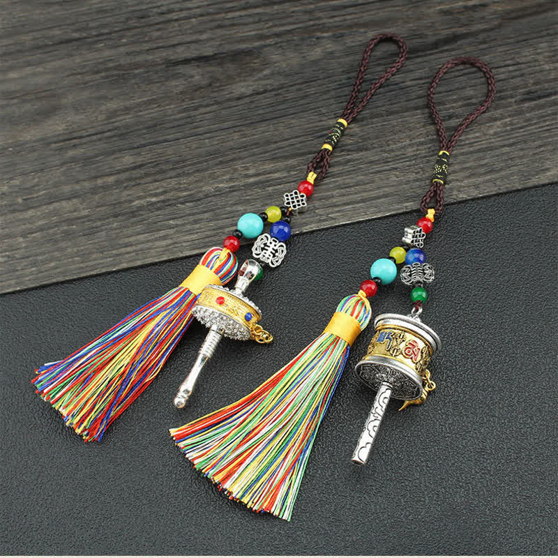 Buddha Stones Tibet Om Mani Padme Hum Prayer Wheel Tassel Bag Car Hanging Decoration