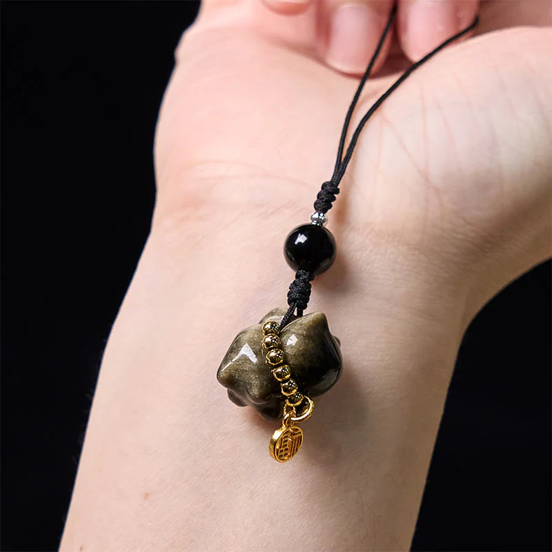 Buddha Stones Silver Sheen Obsidian Black Obsidian Gold Sheen Obsidian Cute Cat Fu Character Protection Key Chain Phone Hanging Decoration