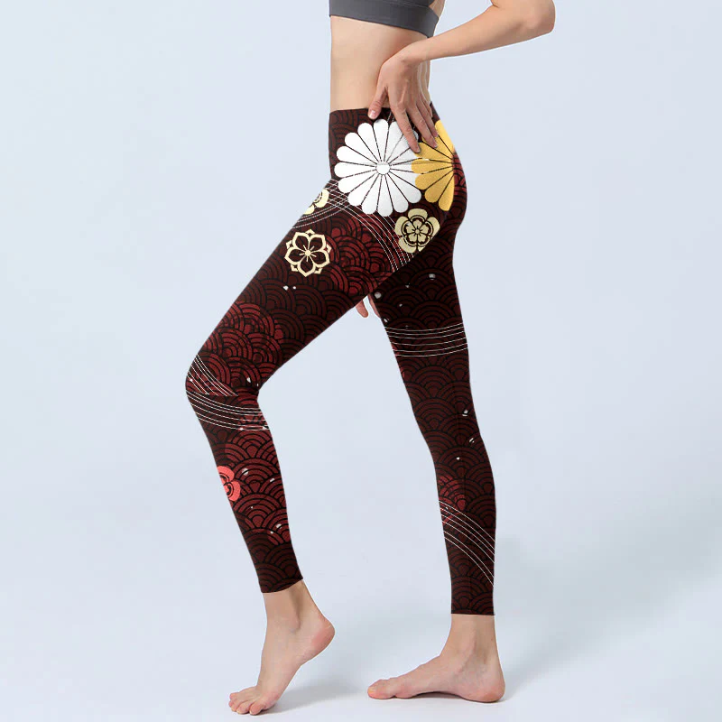 Buddha Stones Reddish-brown Floral Fan-shaped Wave Print Gym Leggings Women's Yoga Pants