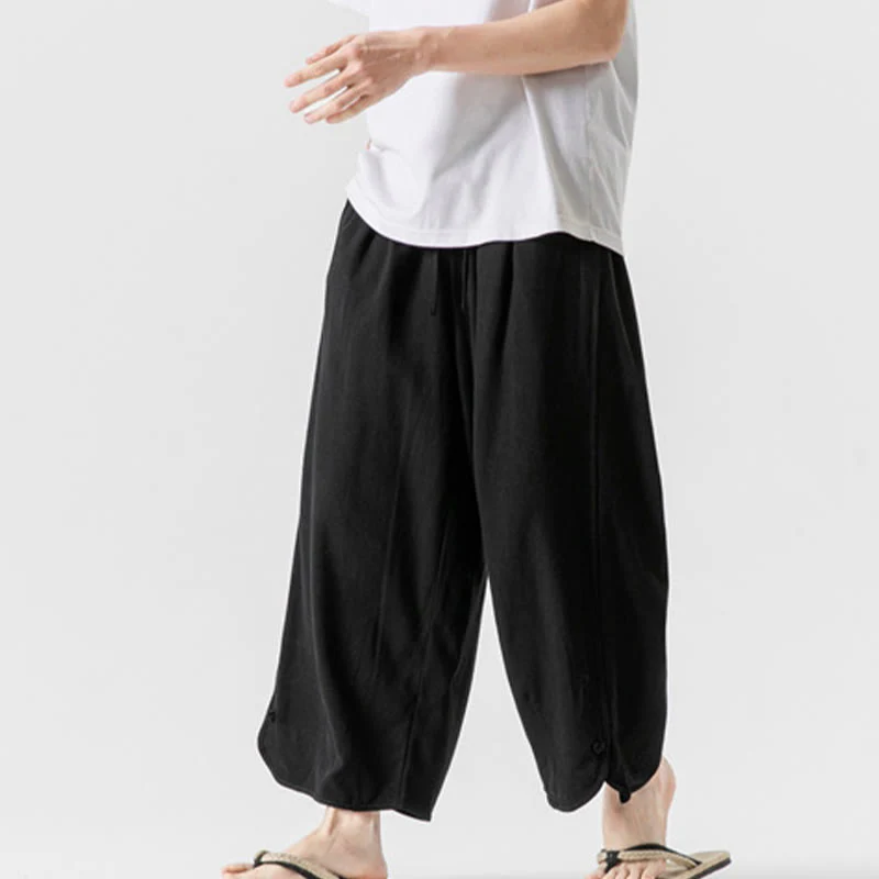 Buddha Stones Casual Loose Frog-Button Plain Men's Cotton Linen 7-8 Length Pants With Pockets
