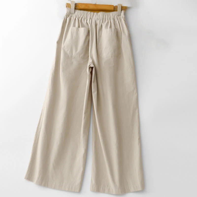 Buddha Stones Spring Commute Solid Color High Waist Women's Wide Leg Cotton Linen Pants With Pockets
