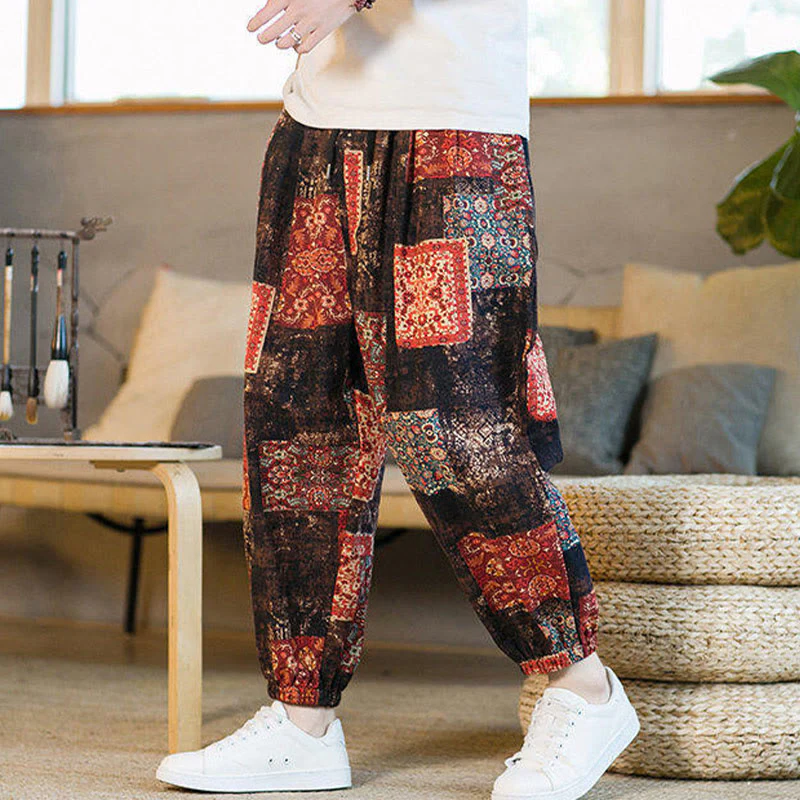Buddha Stones Summer Square Patchwork Cotton Linen Men's Ankle-Length Harem Pants With Pockets