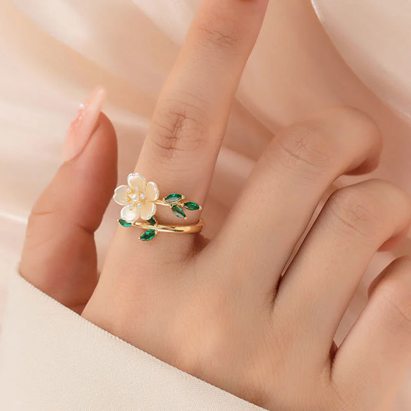 Buddha Stones Pearl Flower Zircon Leaves Happiness Wealth Adjustable Ring