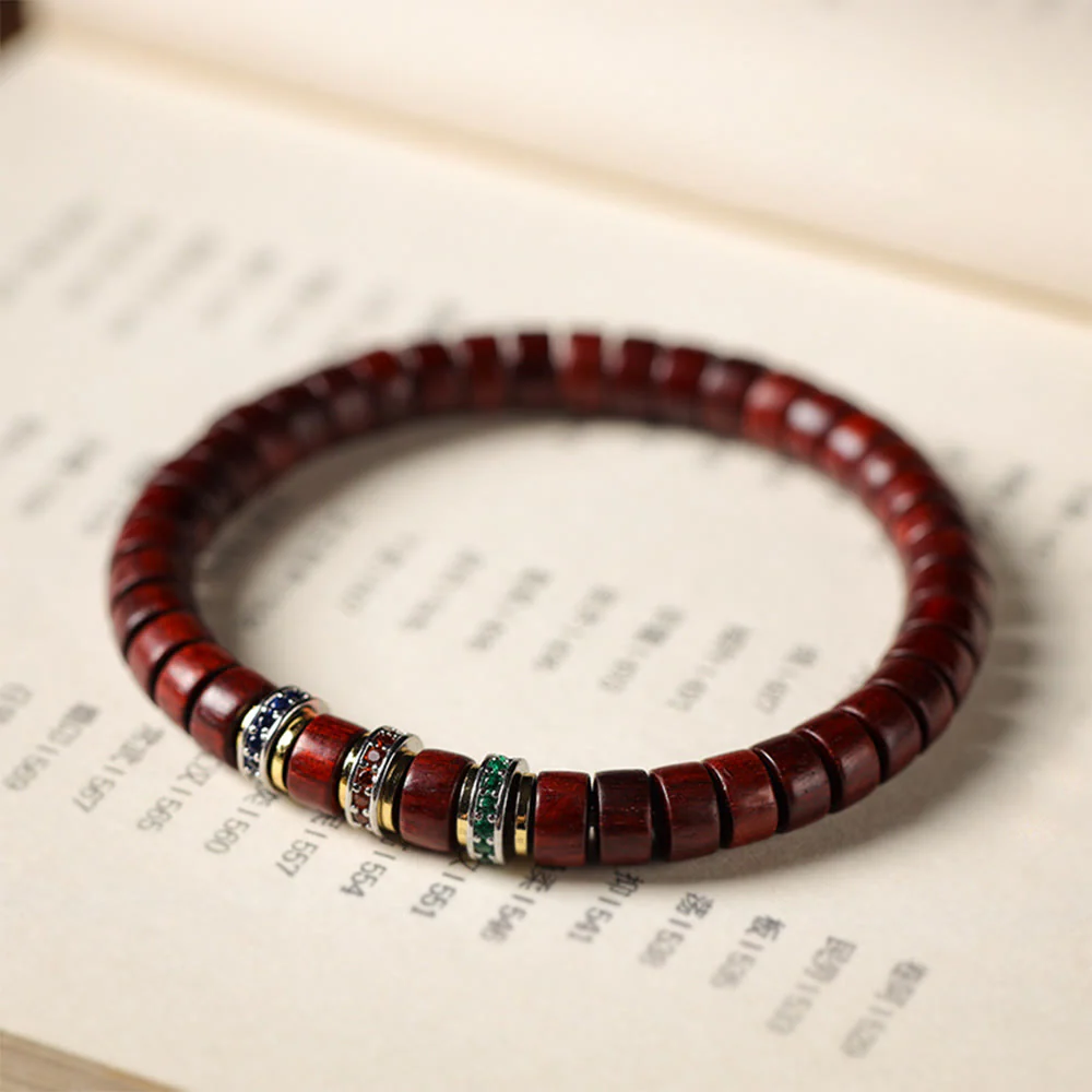 Buddha Stones Ebony Wood Small Leaf Red Sandalwood Zircon Peace Bracelet