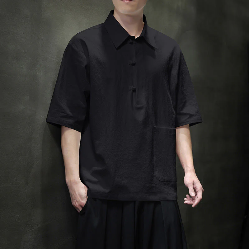 Buddha Stones Commute Plain Half Buttons Design Men's Cotton Linen Shirt With Pocket