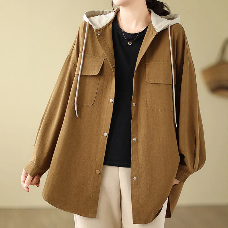 Buddha Stones Casual Commute Drawstring Hoodie Women's Cotton Linen Jacket With Pockets