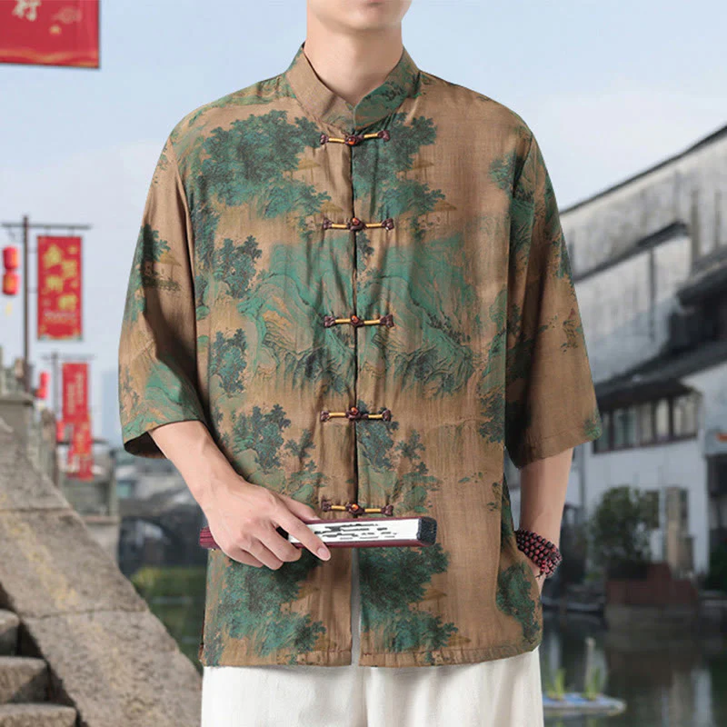 Buddha Stones Dragon Auspicious Clouds Green Mountains Chinese Frog-Button Men's Half Sleeve Cotton Linen Shirt