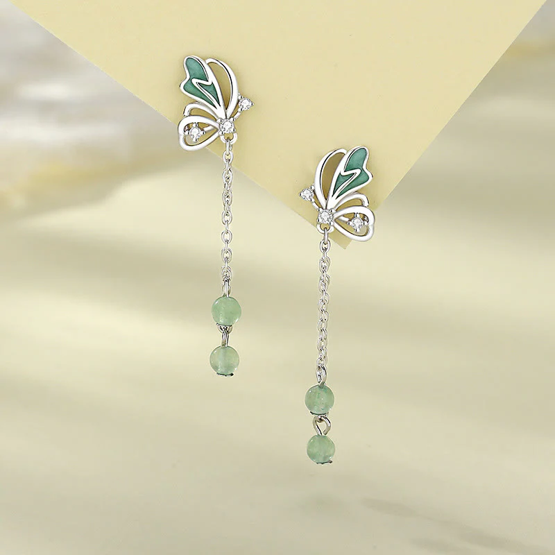 Buddha Stones 925 Sterling Silver Natural Green Aventurine Butterfly Luck Necklace Pendant Earrings Set