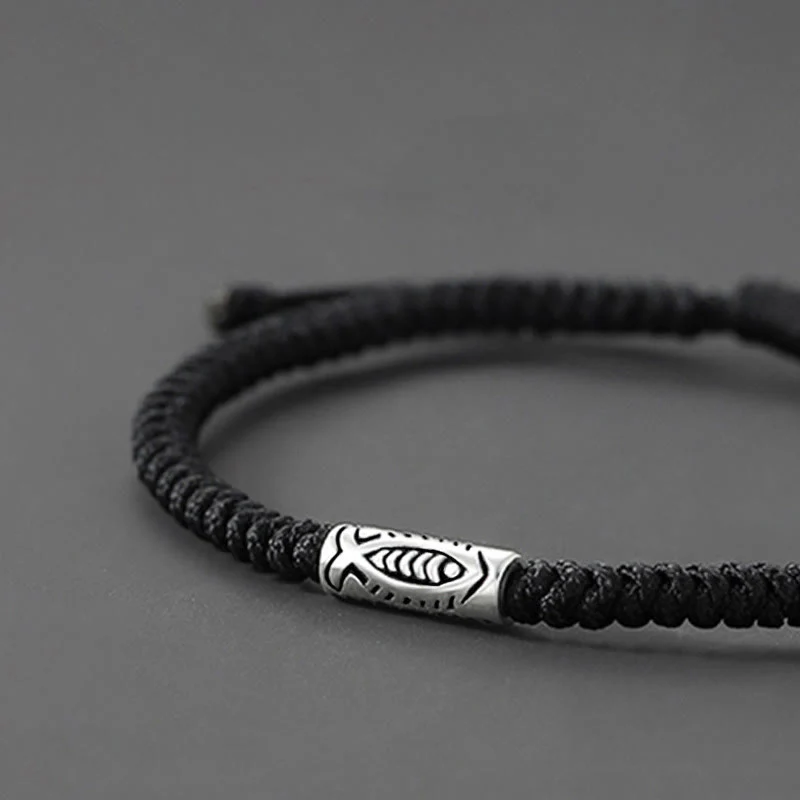 Buddha Stones Tibet Koi Fish Wealth Black String Bracelet