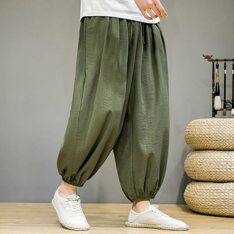 Buddha Stones Summer Plain Drawstring Men's Ankle-Length Cotton Harem Pants With Pockets
