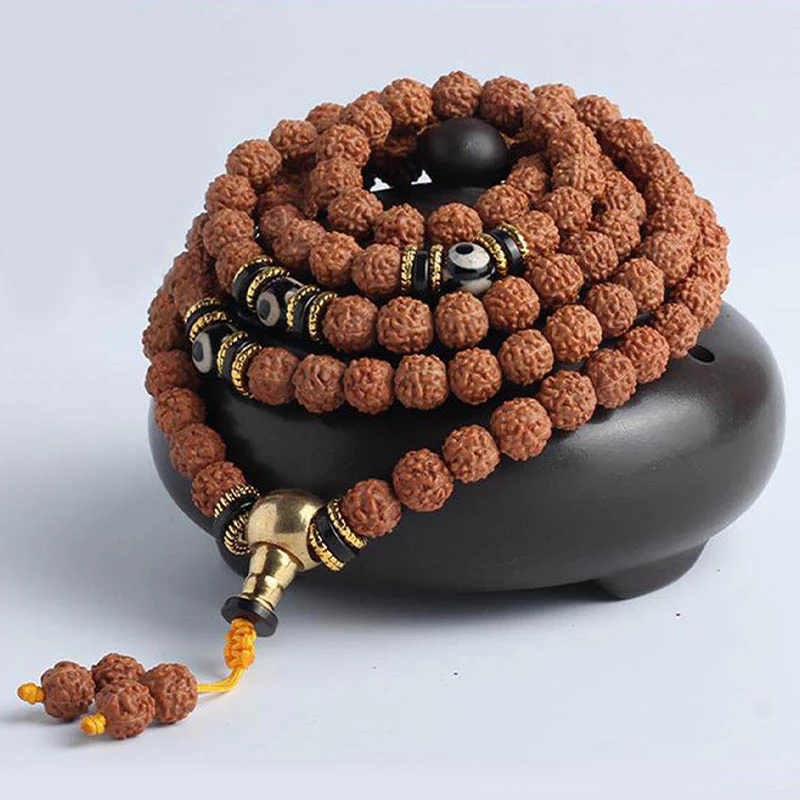 Buddha Stones 108 Mala Beads Rudraksha Bodhi Seed Dzi Bead Luck Wealth Bracelet