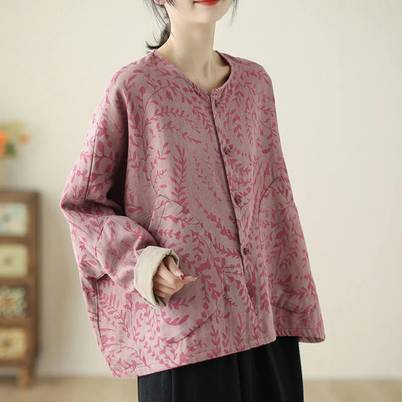 Buddha Stones Leaf Print Women's Cotton Linen Jacket With Pockets
