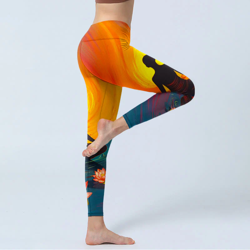 Buddha Stones Meditating Figure Lotus Flower Print Gym Leggings Women's Yoga Pants