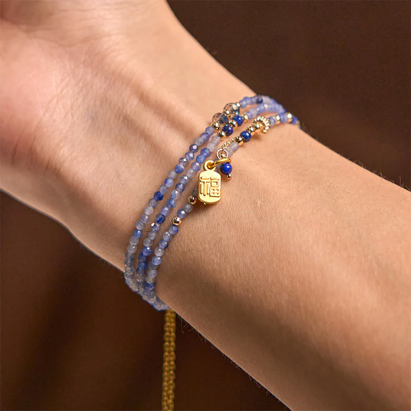 Buddha Stones 3mm Ultra-thin Beads Natural Lazurite Triple Wrap Fu Character Positive Bracelet