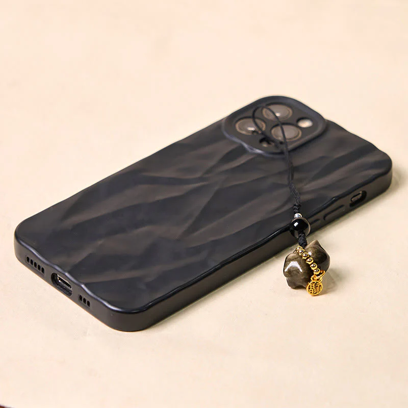 Buddha Stones Silver Sheen Obsidian Black Obsidian Gold Sheen Obsidian Cute Cat Fu Character Protection Key Chain Phone Hanging Decoration