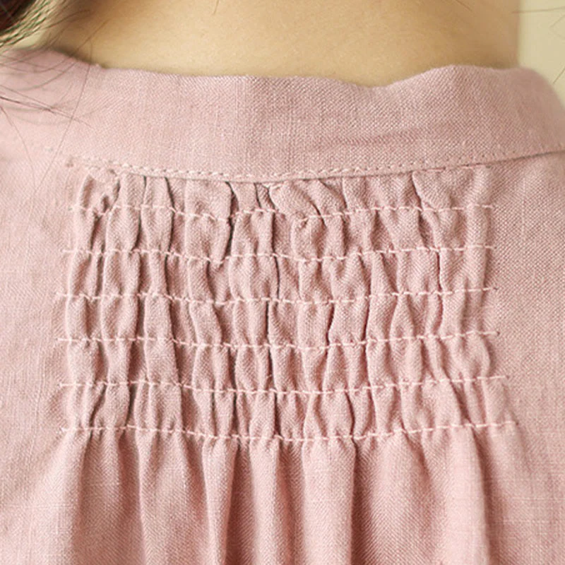 Buddha Stones Casual Plain Drawstring Button Cotton Linen Midi Dress With Pockets