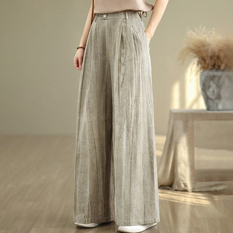 Buddha Stones Casual Tan Women's Cotton Elastic Waist  Wide Leg Pants With Pockets