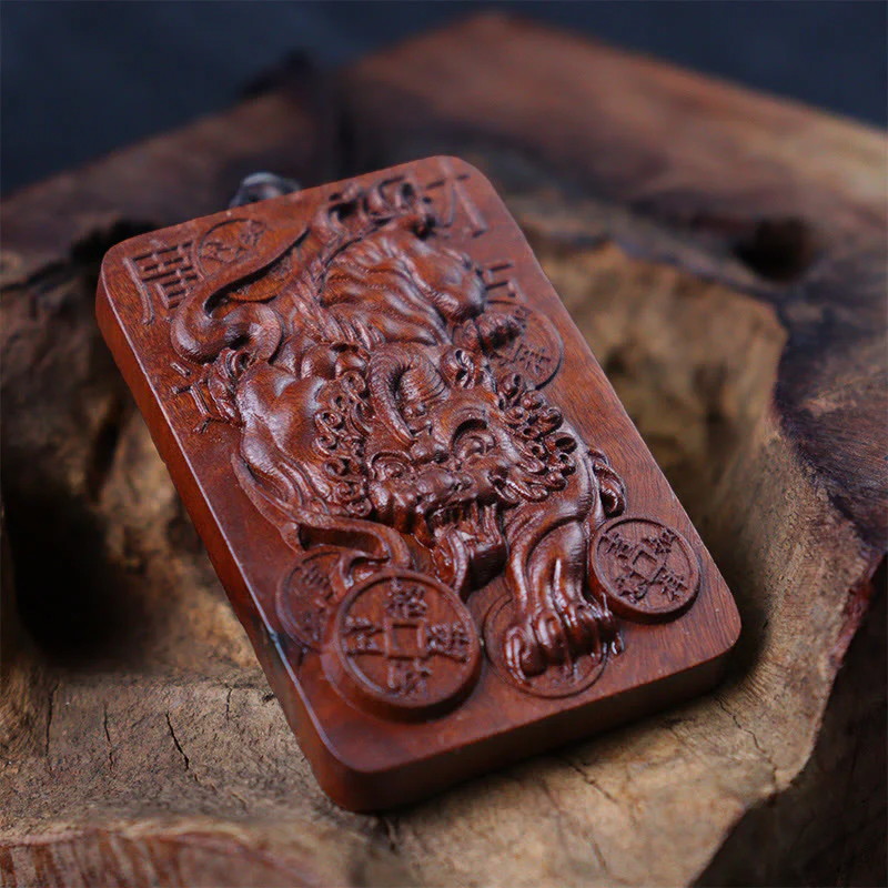 Buddha Stones Natural Lightning Struck Jujube Wood PiXiu Copper Coin Good Fortune Necklace Pendant