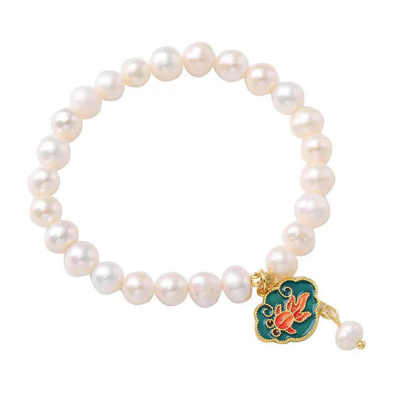 Buddha Stones Natural Pearl Lotus Koi Fish Goldfish Optimism Charm Bracelet