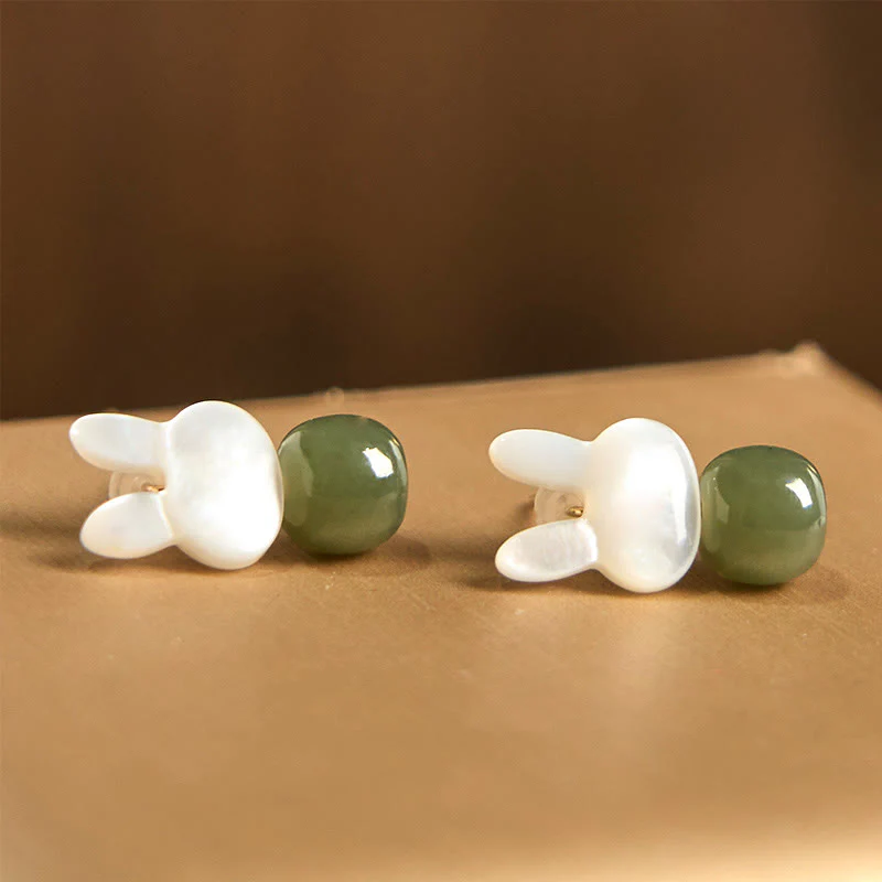 Buddha Stones Tridacna Stone Cute Rabbit Hetian Jade Luck Earrings