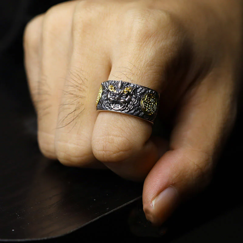 Buddha Stones 925 Sterling Silver PiXiu Copper Coin Brass Wealth Luck Adjustable Ring