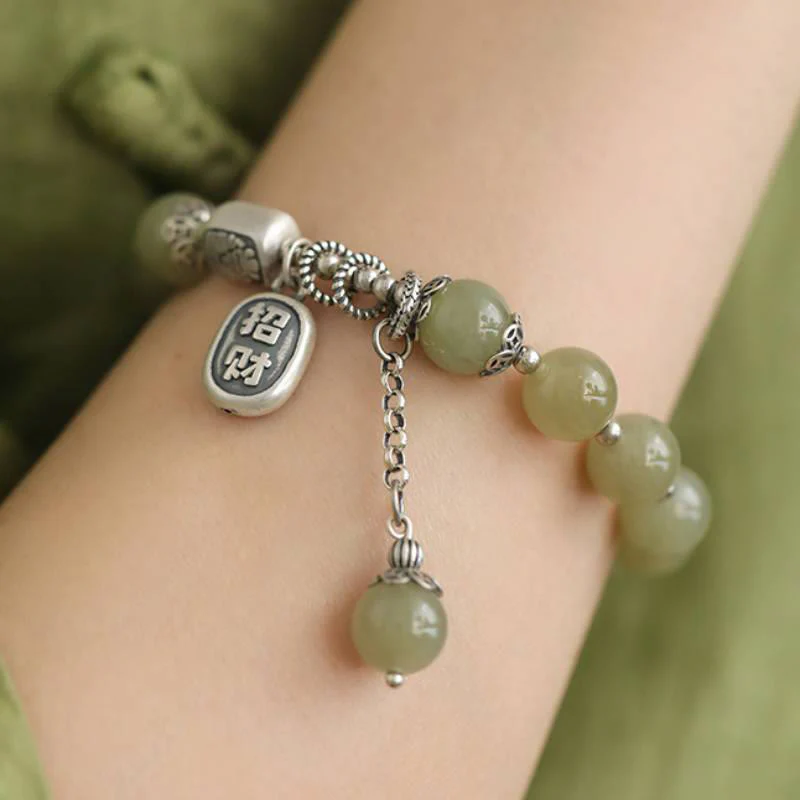 Buddha Stones 925 Sterling Silver Hetian Jade Beads Luck Bracelet