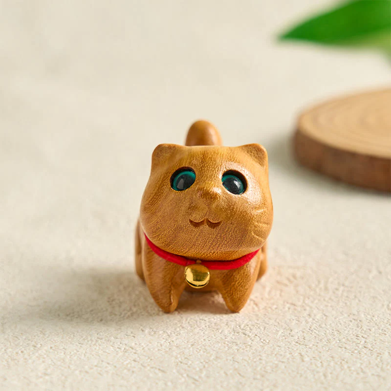 Buddha Stones Mini Sandalwood Carved Lucky Confident Cat Healing Decoration