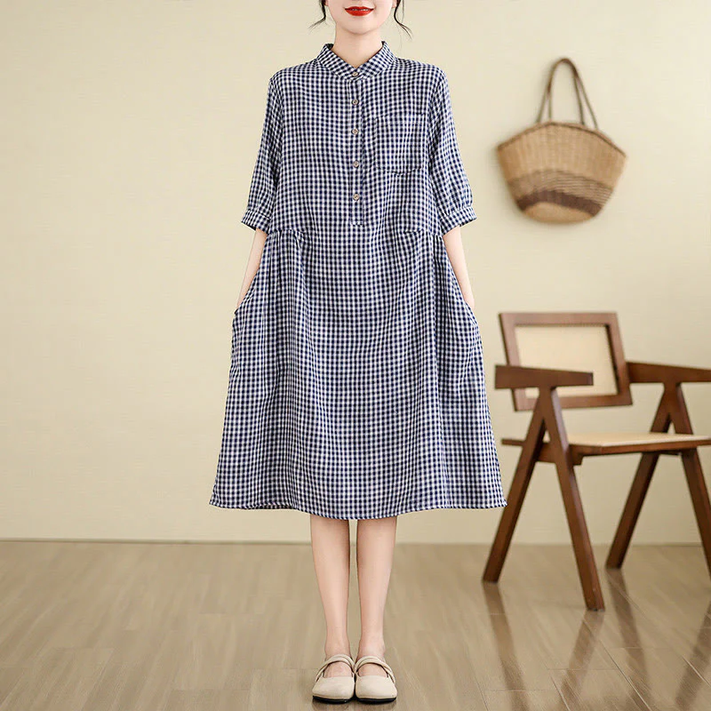 Buddha Stones Casual Plaid Pattern Half Sleeve Cotton Linen Midi Dress With Pockets