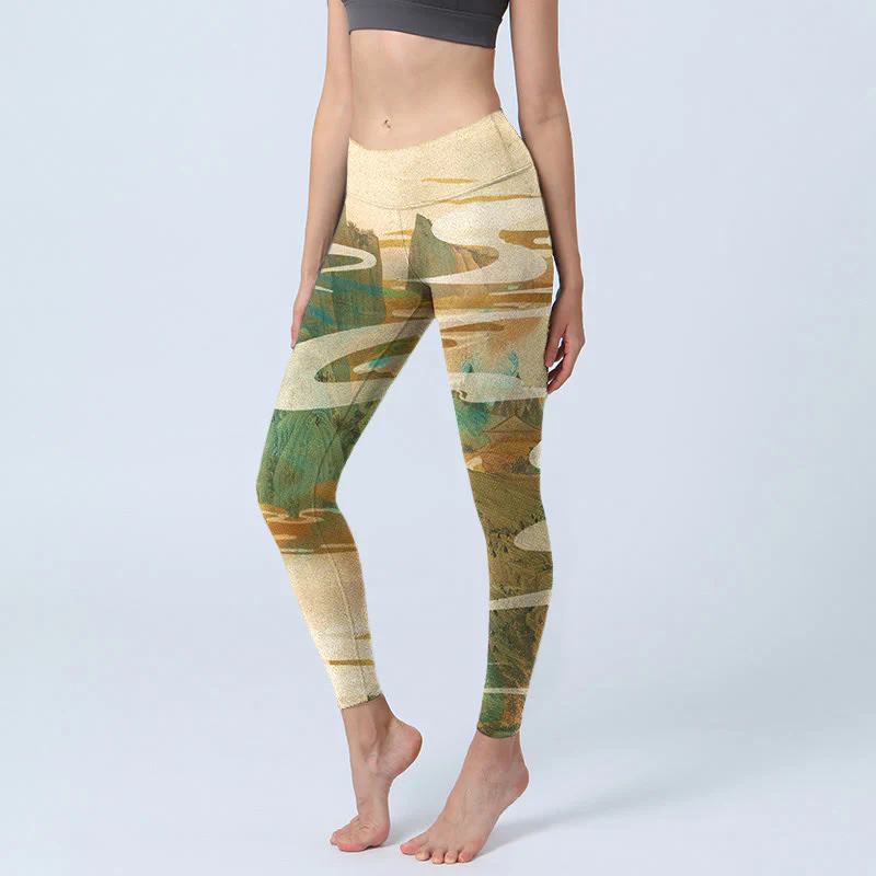 Buddha Stones Green Mountains Clouds Mist Print Fitness Leggings Women's Yoga Pants