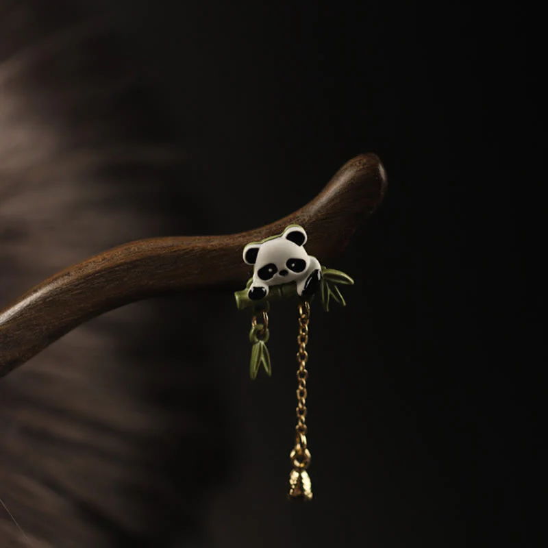 Buddha Stones Ebony Panda Bamboo Tassel Courage Hairpin