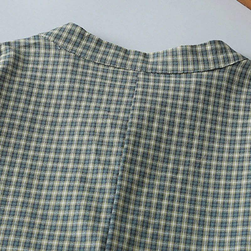 Buddha Stones Casual Plaid Buttons Lantern Long Sleeve Cotton Midi Dress