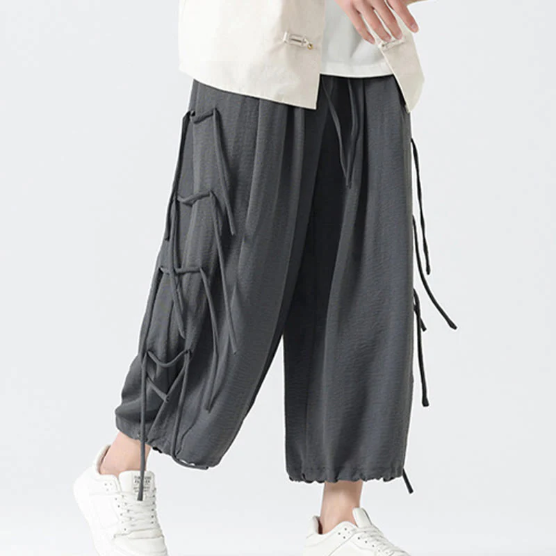 Buddha Stones Casual Loose Lanyard Design Waist Rope Men's 7-8 Length Spandex Pants With Pockets