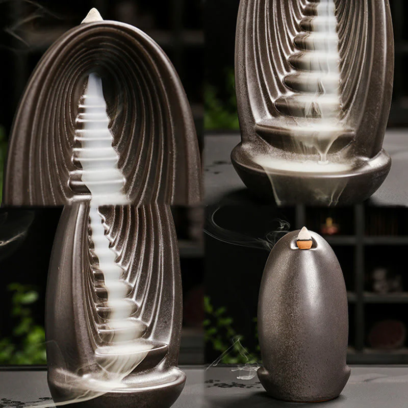 Buddha Stones Stairs Mountains Water Buddha Hand Ceramic Backflow Smoke Fountain Meditation Incense Burner Decoration