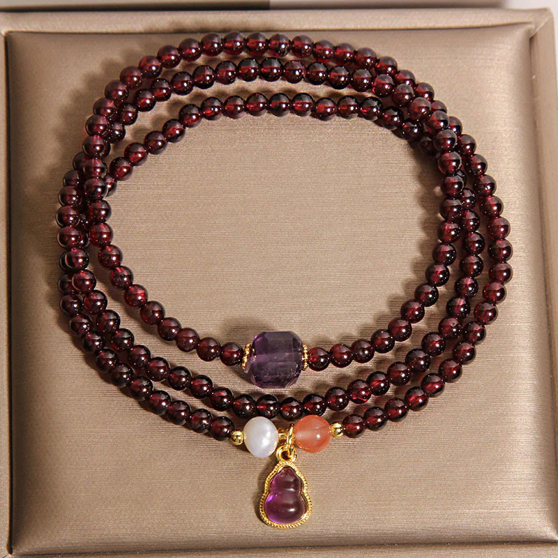 Buddha Stones Natural Garnet Amethyst Gourd Protection Multi-Layer Bracelet