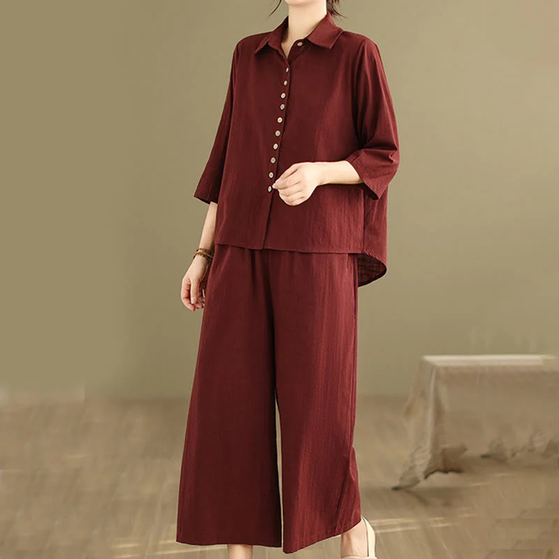 Buddha Stones 2pcs Casual Women's Stand Collar Shirt Loose Pants Meditation Clothing Set