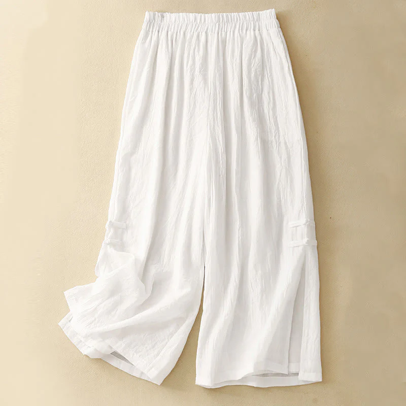 Buddha Stones Frog-Button Hem Slit Design Women's Wide Leg Cotton Linen Pants With Pockets