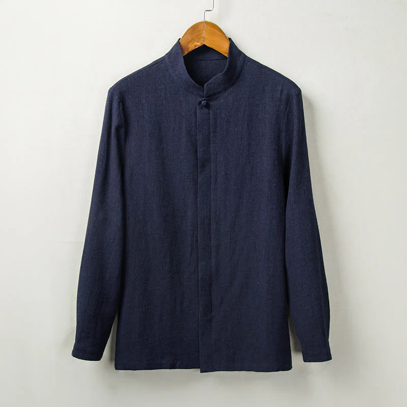 Buddha Stones Fall Solid Long Sleeve Button Shirt Cotton Linen Men Clothing