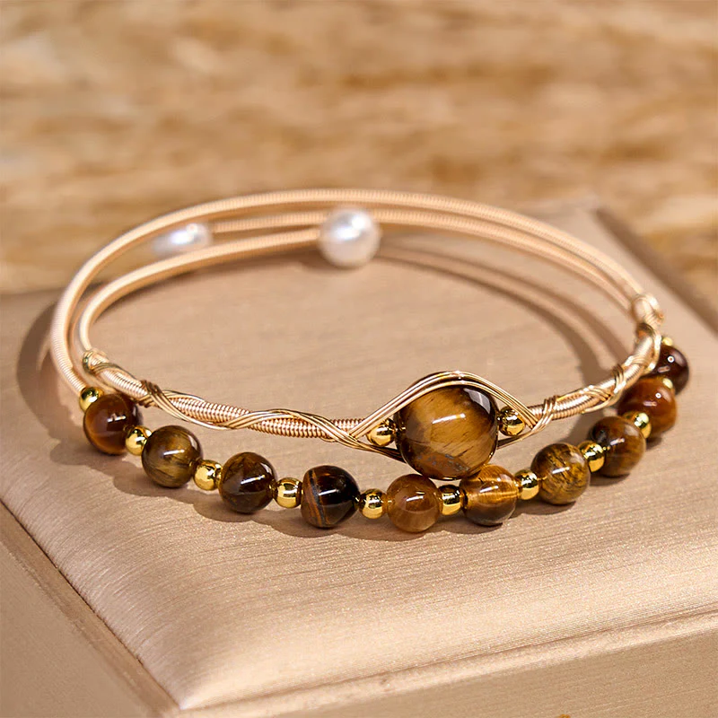 Buddha Stones 14K Gold Filled Copper Natural Tiger Eye Protection Metal Cuff Bracelet Bangle