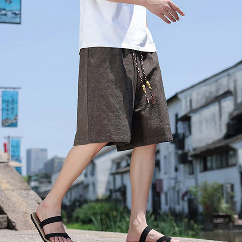 Buddha Stones Weaving Waist Rope Beads Cropped Linen Men's Shorts With Pockets