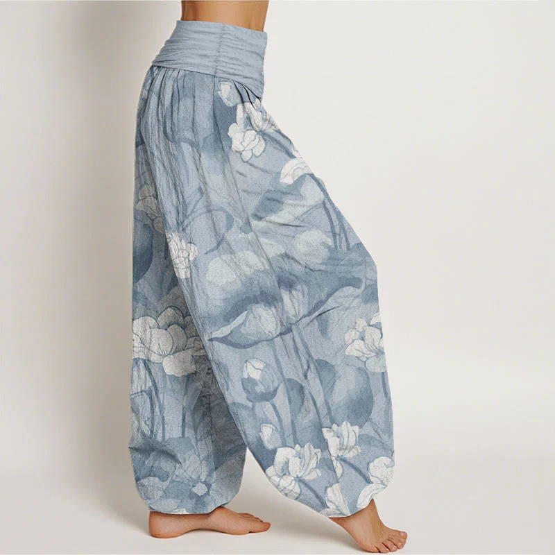 Buddha Stones Pure Cotton Lotus Design Women's Elastic Waist Harem Pants