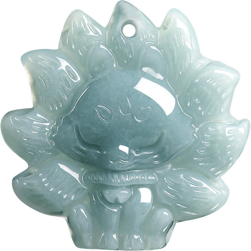 Buddha Stones Natural Green Jade Nine Tailed Fox Abundance Necklace Pendant