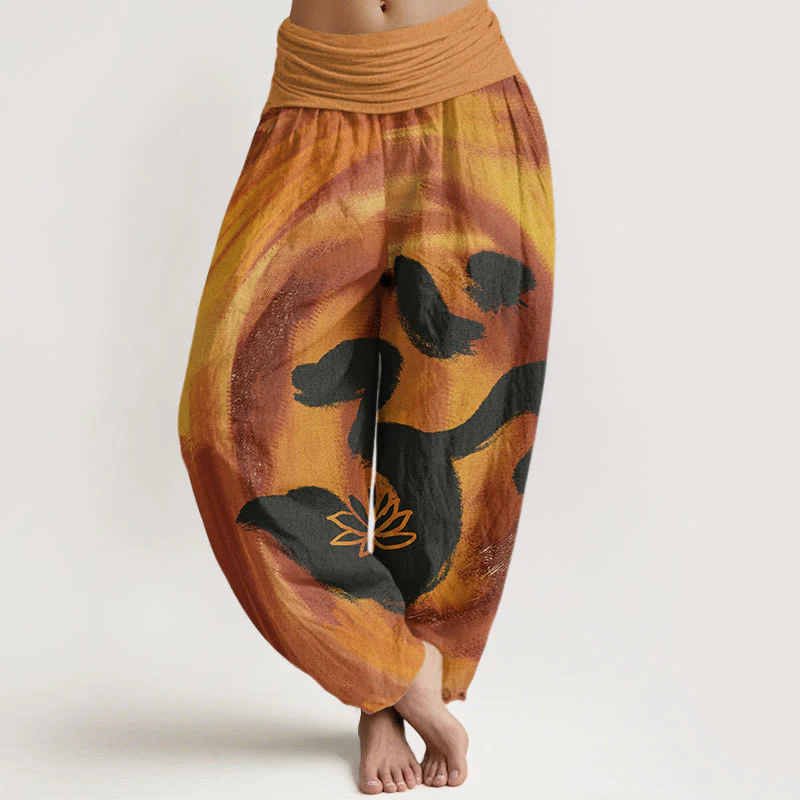 Buddha Stones OM Symbol Lotus Flower Pattern Women's Elastic Waist Harem Pants