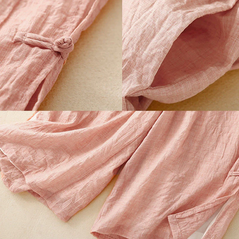 Buddha Stones Frog-Button Hem Slit Design Women's Wide Leg Cotton Linen Pants With Pockets