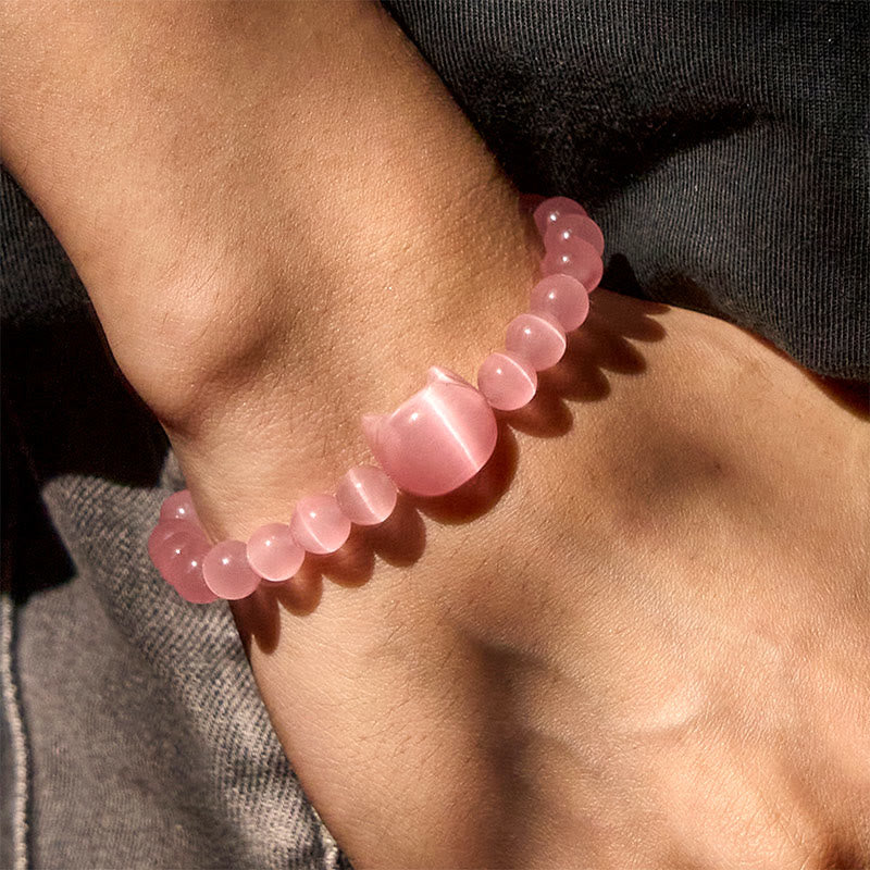 Buddha Stones Lovely Cat Head Pink Cat's Eye White Cat's Eye Spiritual Beads Bracelet