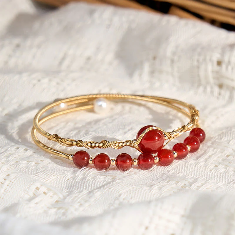 Buddha Stones 14K Gold Filled Copper Natural Red Agate Beads Confidence Metal Cuff Bracelet Bangle