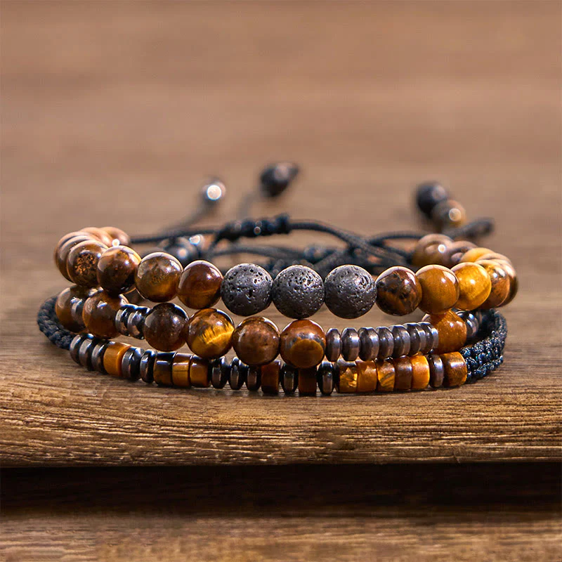 Buddha Stones 3Pcs Tiger Eye Lava Rock Protection Bracelet Set
