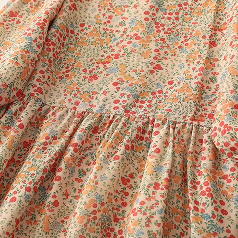 Buddha Stones Casual Floral Lace Crew Neck Balloon Long Sleeve Cotton Linen Midi Dress With Pockets